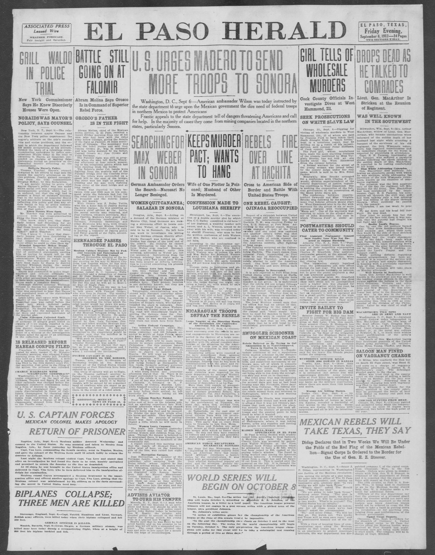 El Paso Herald (El Paso, Tex.), Ed. 1, Friday, September 6, 1912
                                                
                                                    [Sequence #]: 1 of 14
                                                