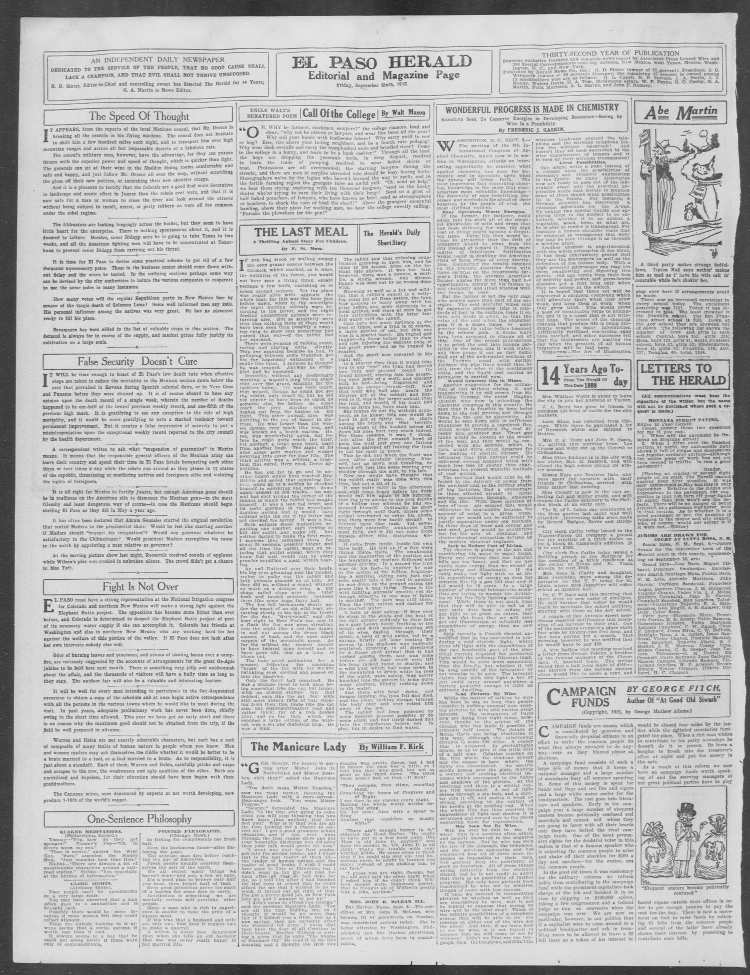 El Paso Herald (El Paso, Tex.), Ed. 1, Friday, September 6, 1912
                                                
                                                    [Sequence #]: 4 of 14
                                                