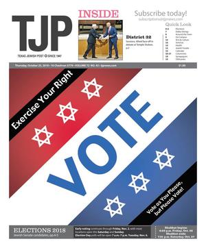 Primary view of object titled 'Texas Jewish Post (Dallas, Tex.), Vol. 72, No. 43, Ed. 1 Thursday, October 25, 2018'.