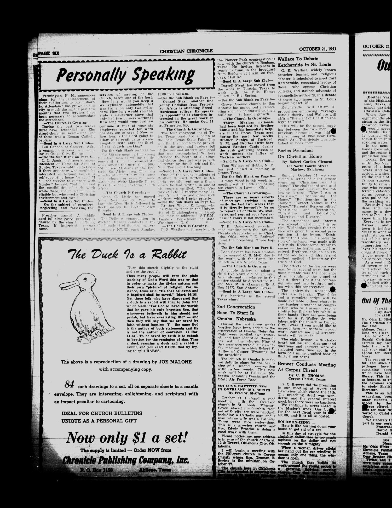 The Christian Chronicle (Abilene, Tex.), Vol. 11, No. 21, Ed. 1 Wednesday, October 21, 1953
                                                
                                                    [Sequence #]: 6 of 8
                                                