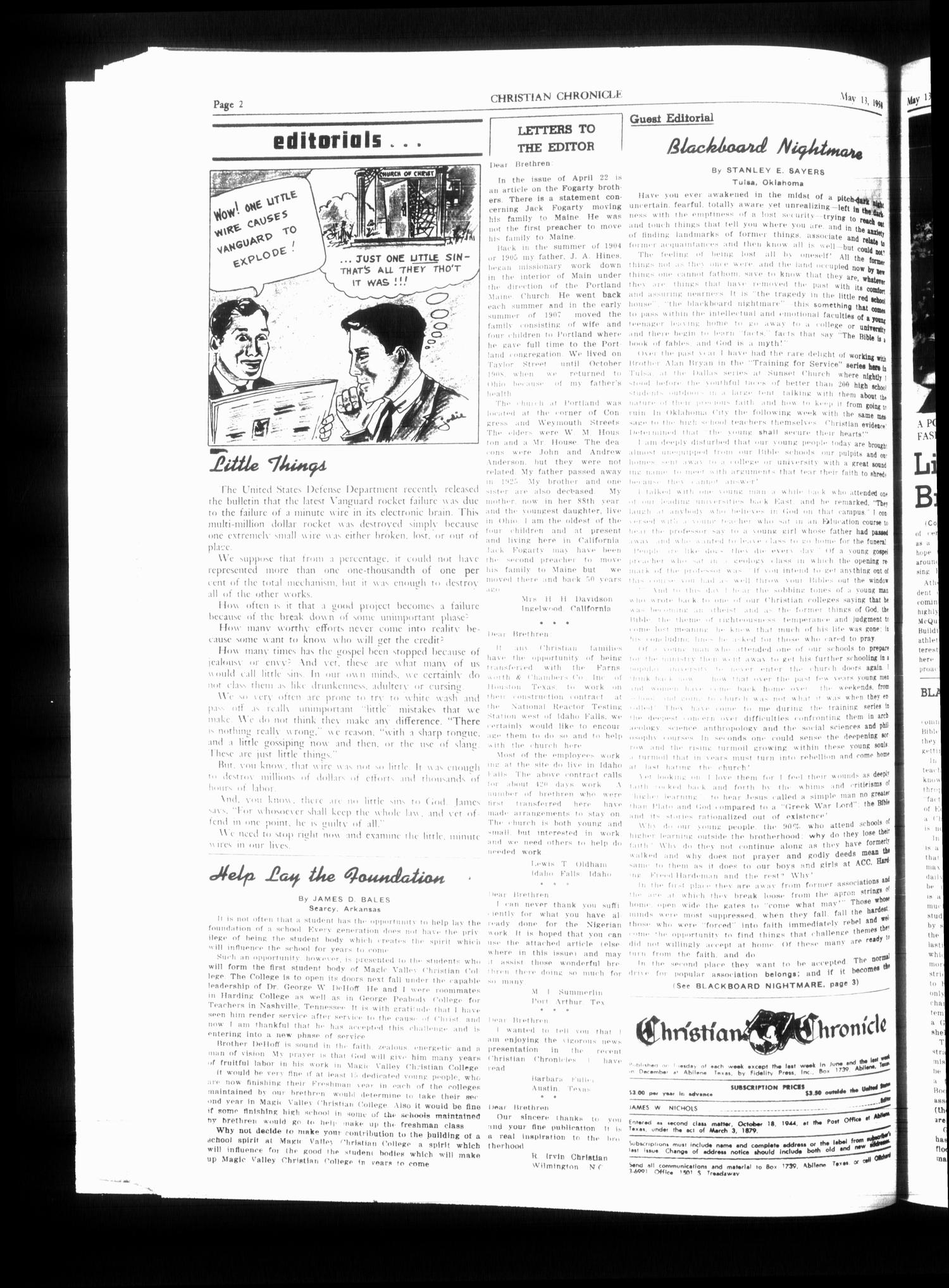 Christian Chronicle (Abilene, Tex.), Vol. 15, No. 33, Ed. 1 Tuesday, May 13, 1958
                                                
                                                    [Sequence #]: 2 of 8
                                                