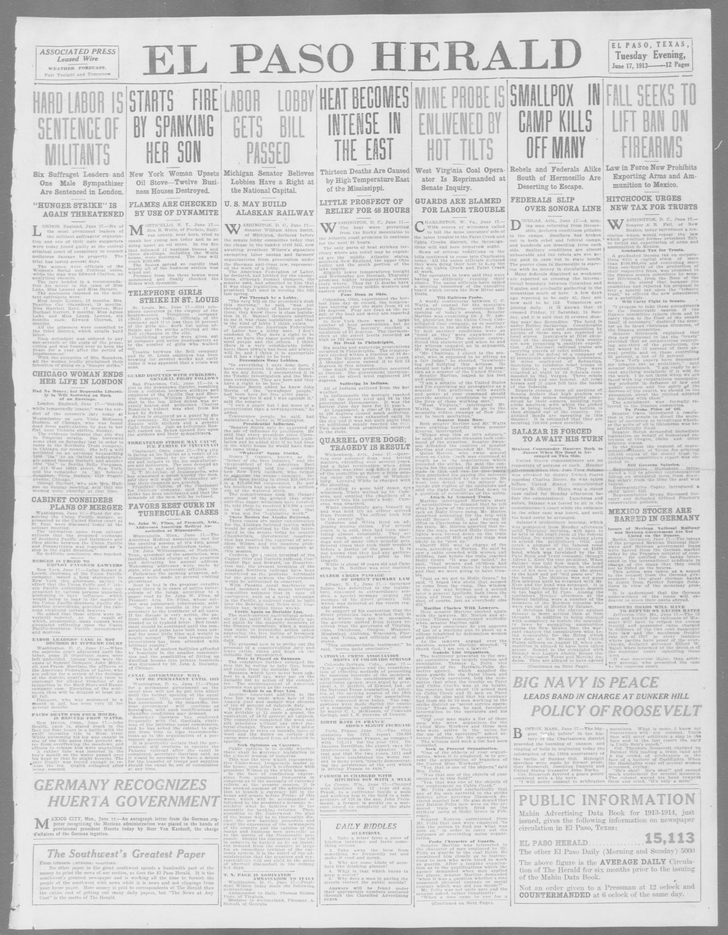 El Paso Herald (El Paso, Tex.), Ed. 1, Tuesday, June 17, 1913
                                                
                                                    [Sequence #]: 1 of 12
                                                