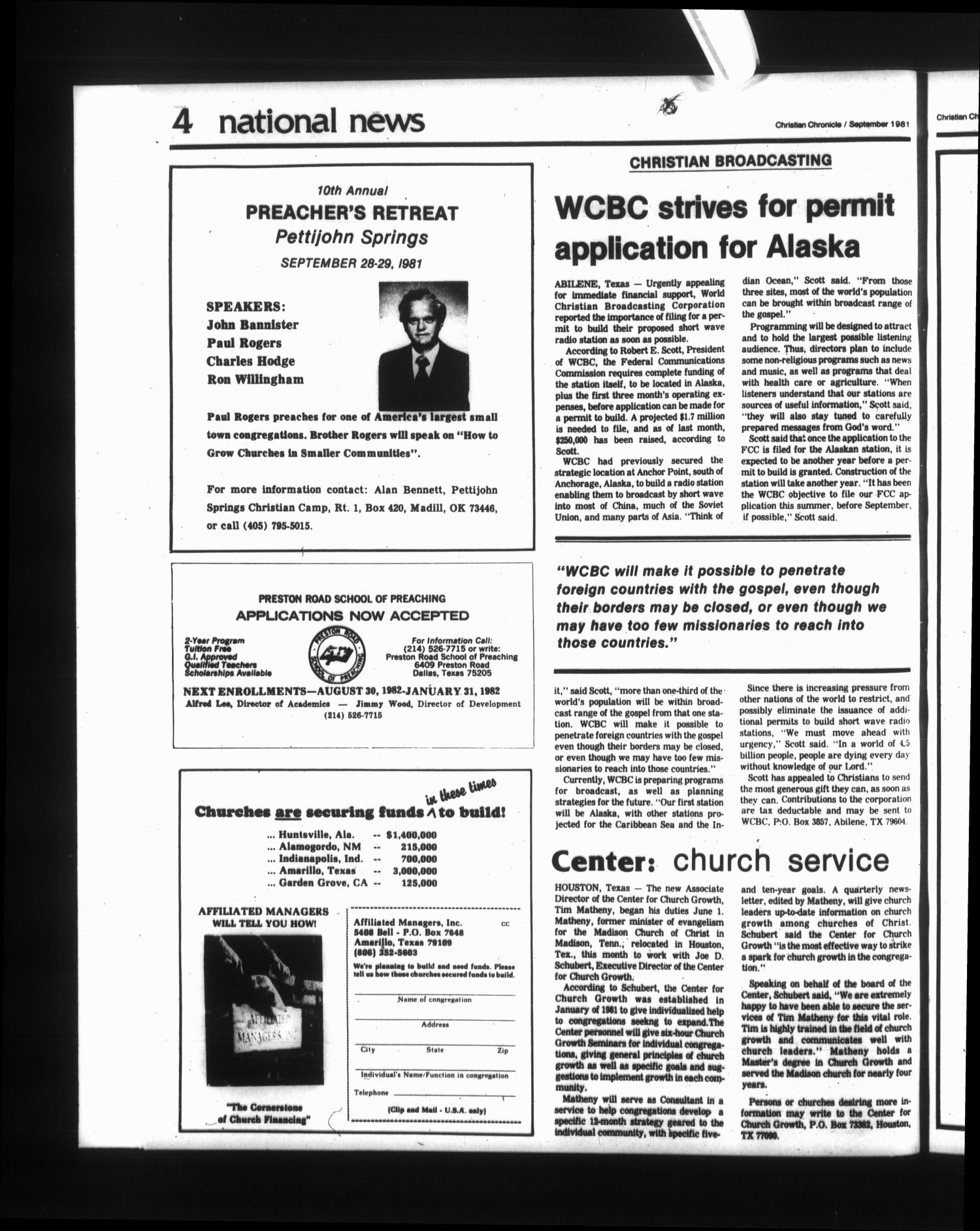 The Christian Chronicle (Oklahoma City, Okla.), Vol. 38, No. 1, Ed. 1 Tuesday, September 1, 1981
                                                
                                                    [Sequence #]: 4 of 15
                                                