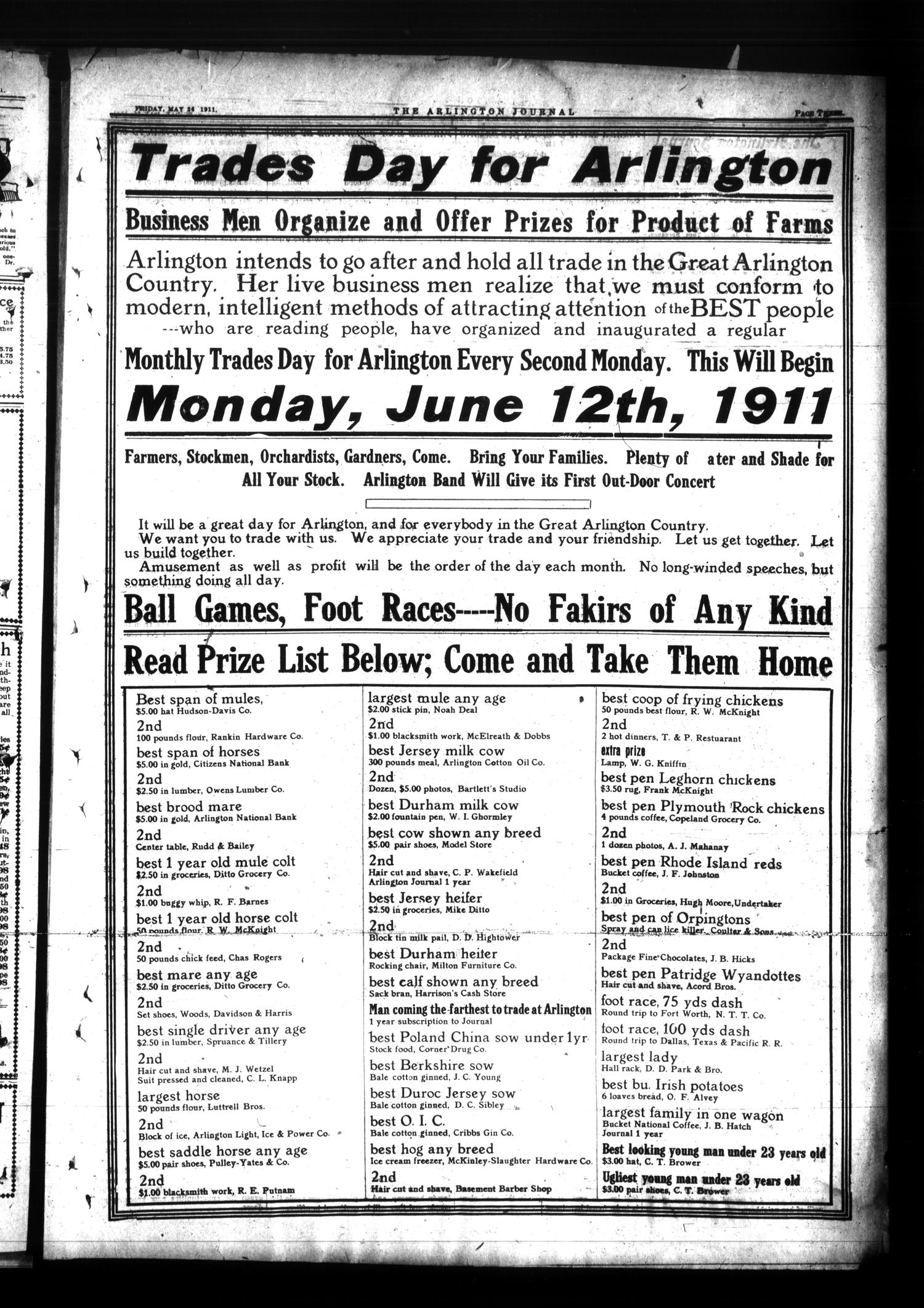 Arlington Journal (Arlington, Tex.), Vol. 15, No. 18, Ed. 1 Friday, May 26, 1911
                                                
                                                    [Sequence #]: 3 of 8
                                                