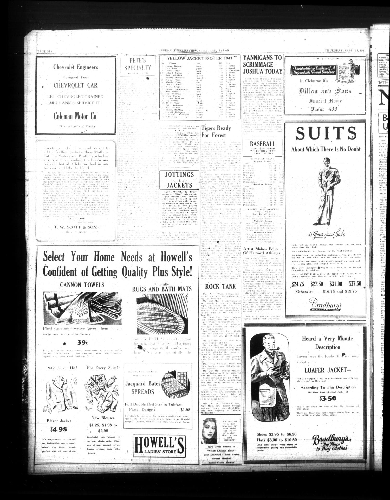 Cleburne Times-Review (Cleburne, Tex.), Vol. 36, No. 293, Ed. 1 Thursday, September 18, 1941
                                                
                                                    [Sequence #]: 6 of 6
                                                