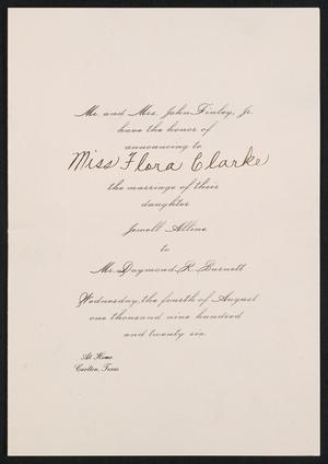 Primary view of object titled '[Wedding Announcement from Mr. and Mrs. John Finley, Jr. to Flora Clarke, August 4, 1926]'.