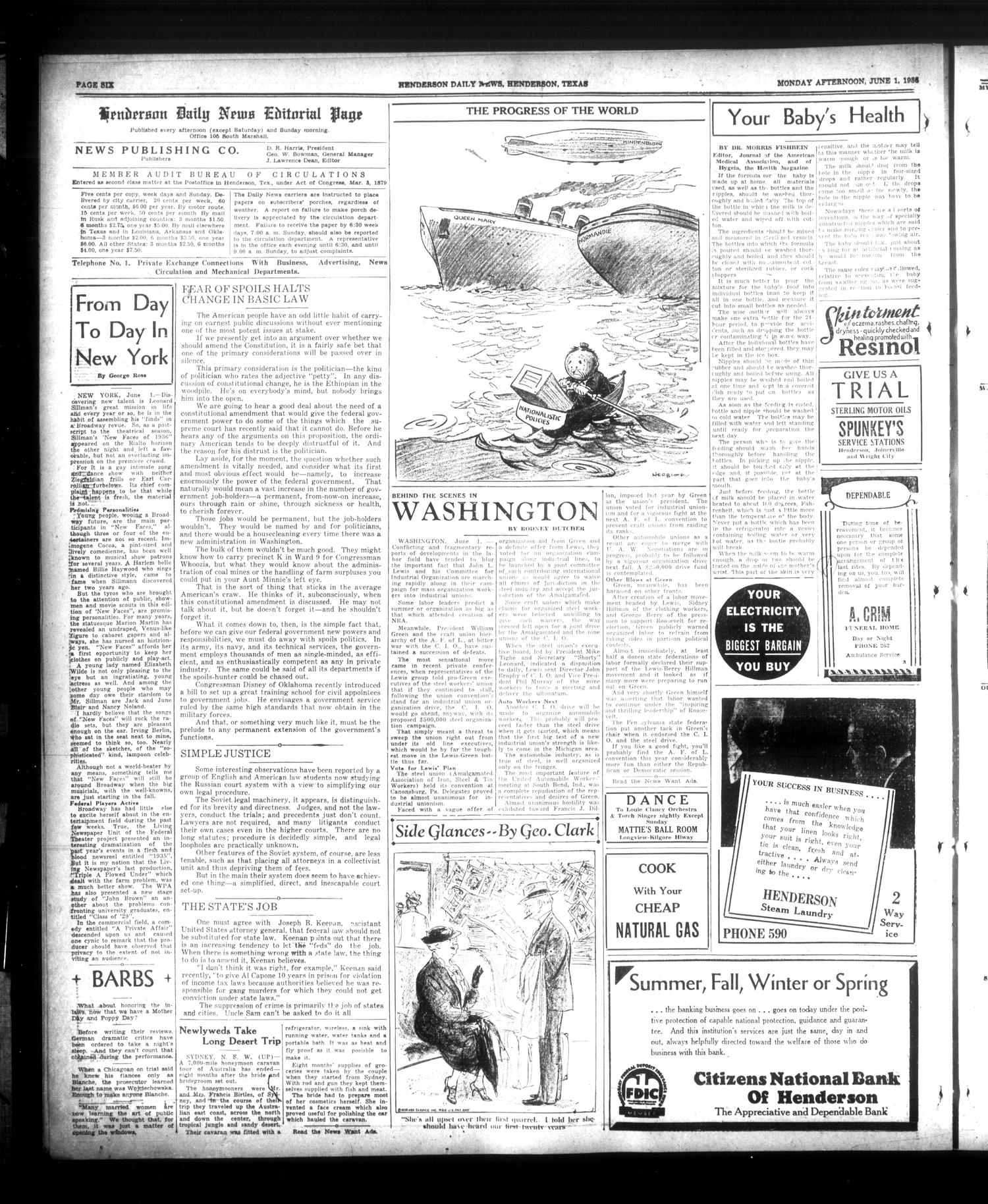 Henderson Daily News (Henderson, Tex.), Vol. 6, No. 63, Ed. 1 Monday, June 1, 1936
                                                
                                                    [Sequence #]: 6 of 10
                                                
