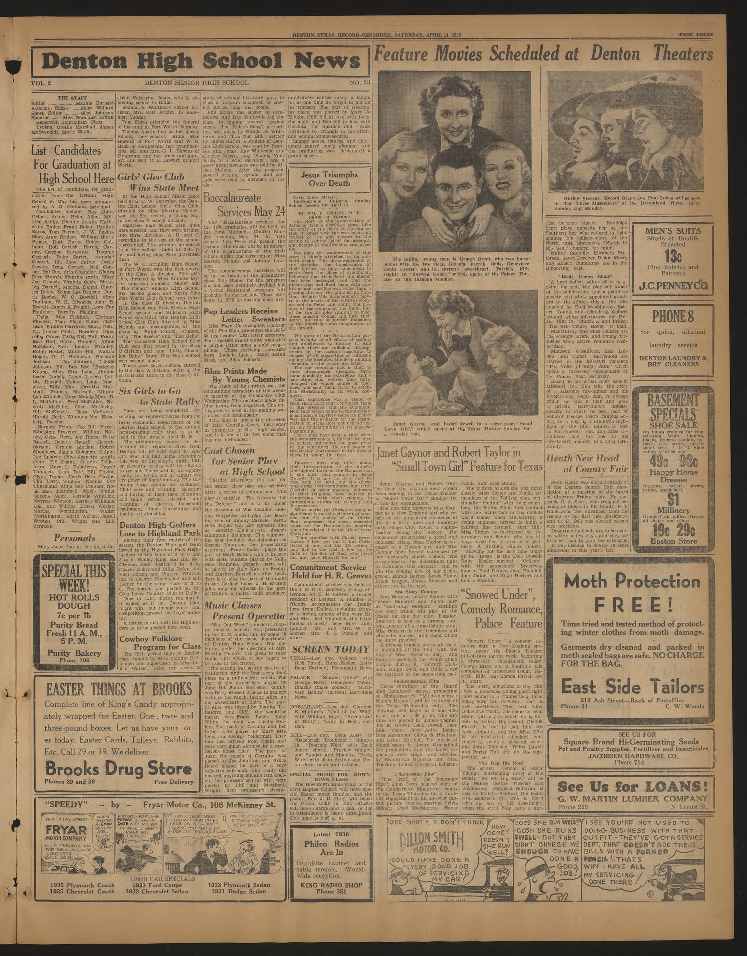 Denton Record-Chronicle (Denton, Tex.), Vol. 35, No. 207, Ed. 1 Saturday, April 11, 1936
                                                
                                                    [Sequence #]: 3 of 8
                                                