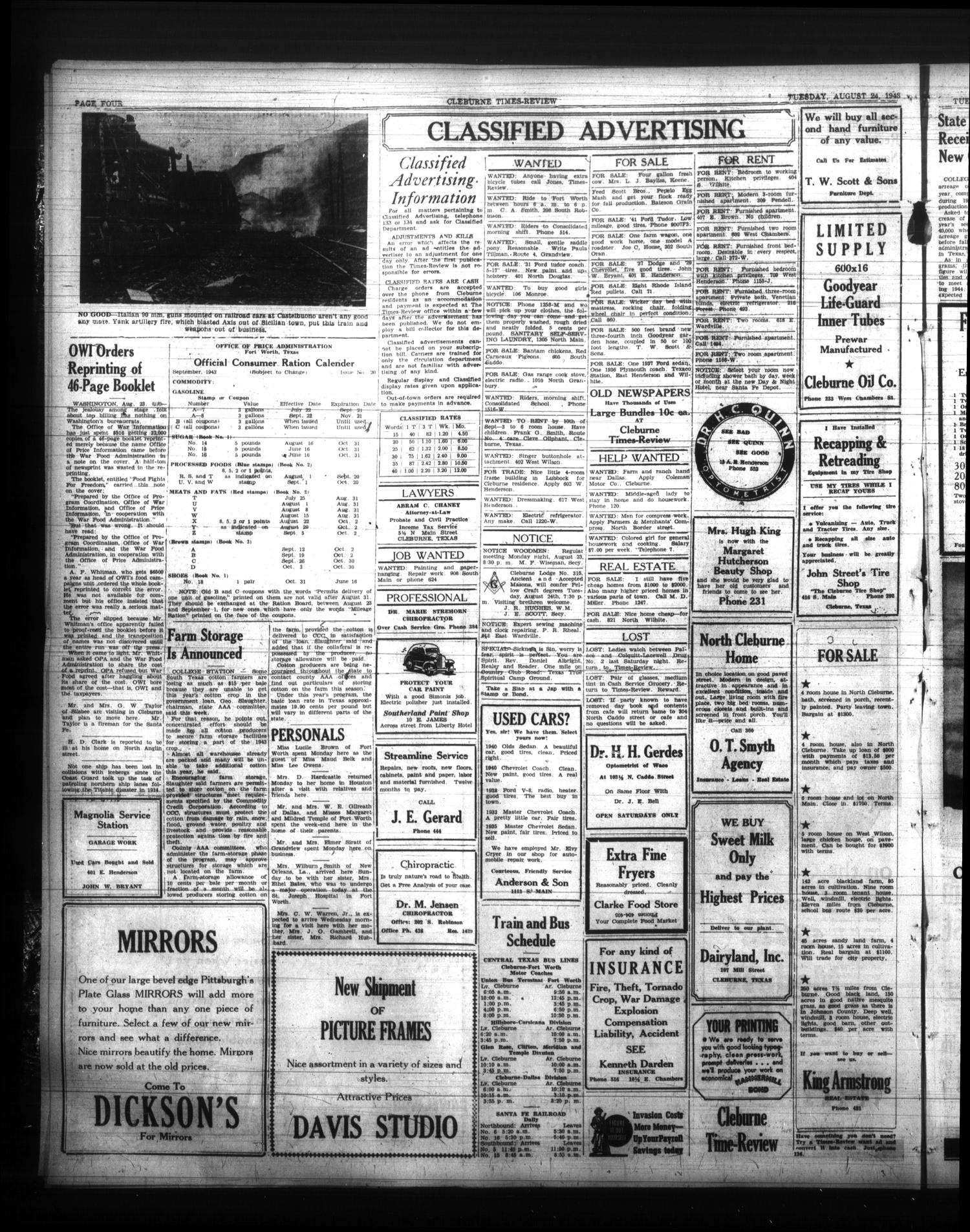 Cleburne Times-Review (Cleburne, Tex.), Vol. 38, No. 229, Ed. 1 Tuesday, August 24, 1943
                                                
                                                    [Sequence #]: 4 of 6
                                                