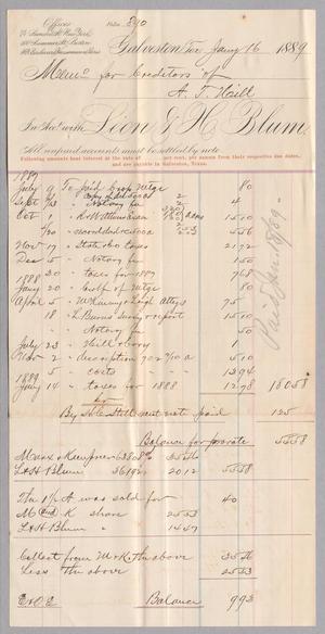 [Invoice for Balance Due to Lion & H. Blum, January 1889]