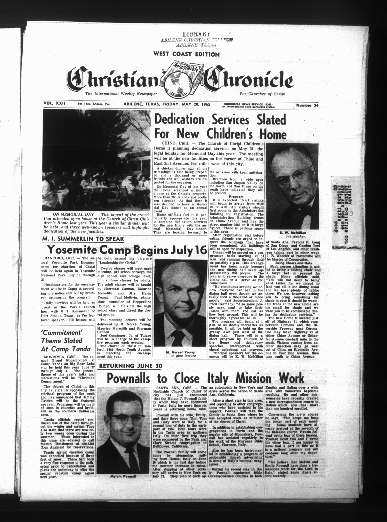 Christian Chronicle (Abilene, Tex.), Vol. 22, No. 34, Ed. 1 Friday, May 28, 1965
                                                
                                                    [Sequence #]: 1 of 16
                                                