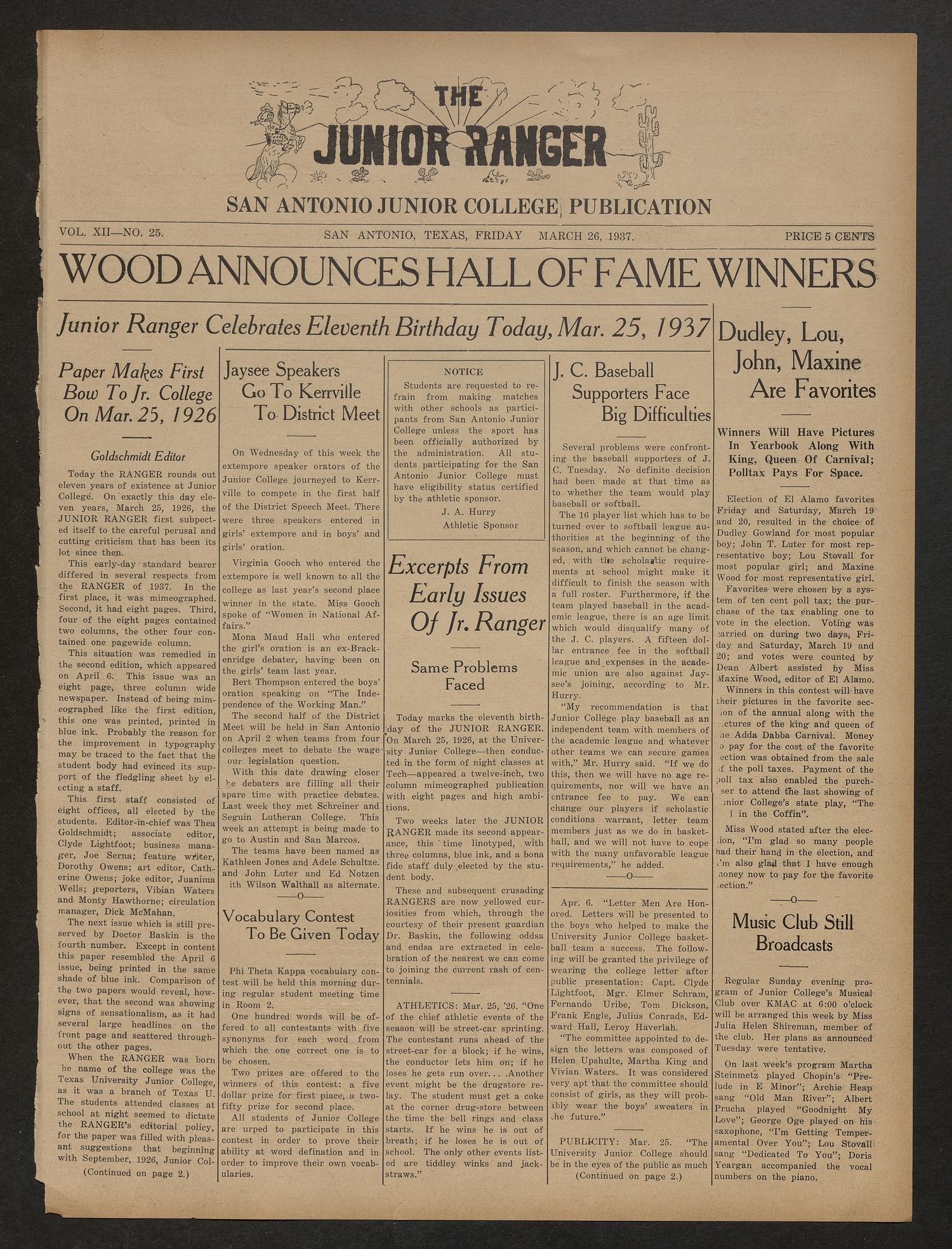 The Junior Ranger (San Antonio, Tex.), Vol. 12, No. 25, Ed. 1 Friday, March 26, 1937
                                                
                                                    [Sequence #]: 1 of 4
                                                