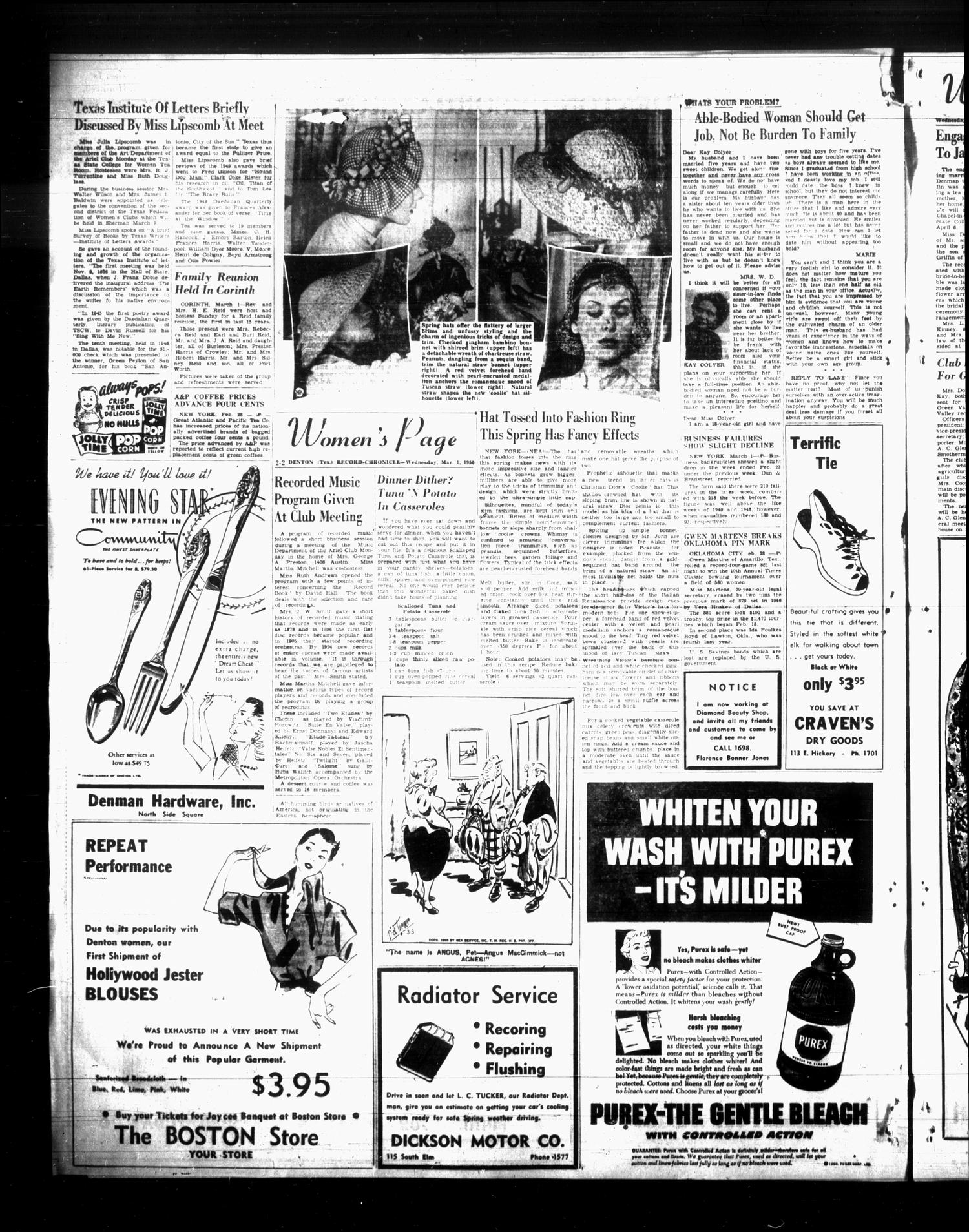 Denton Record-Chronicle (Denton, Tex.), Vol. 47, No. 172, Ed. 1 Wednesday, March 1, 1950
                                                
                                                    [Sequence #]: 10 of 16
                                                