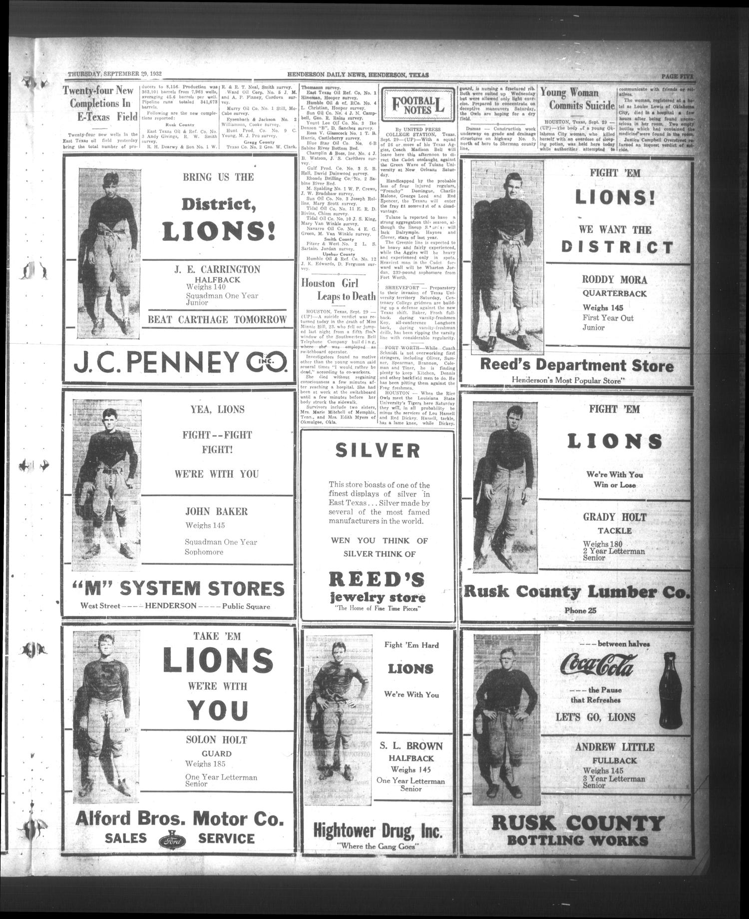 Henderson Daily News (Henderson, Tex.), Vol. 2, No. 166, Ed. 1 Thursday, September 29, 1932
                                                
                                                    [Sequence #]: 5 of 8
                                                