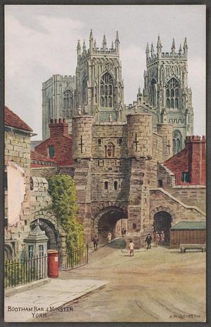 Primary view of object titled '[Postcard of Bootham Bar & Minster in York]'.