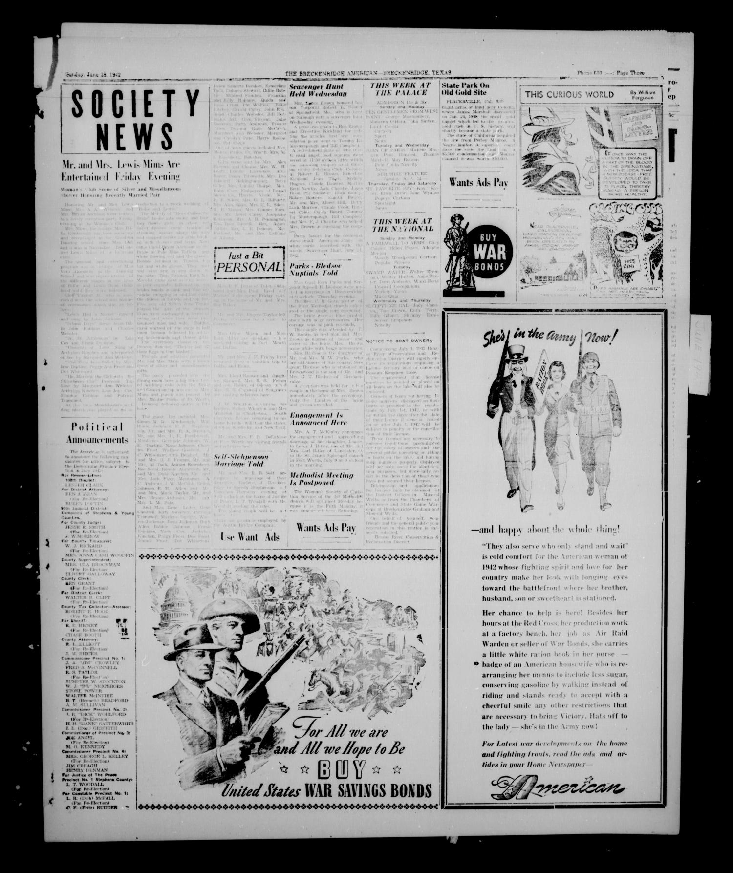 Breckenridge American (Breckenridge, Tex.), Vol. 22, No. 69, Ed. 1 Sunday, June 28, 1942
                                                
                                                    [Sequence #]: 3 of 4
                                                