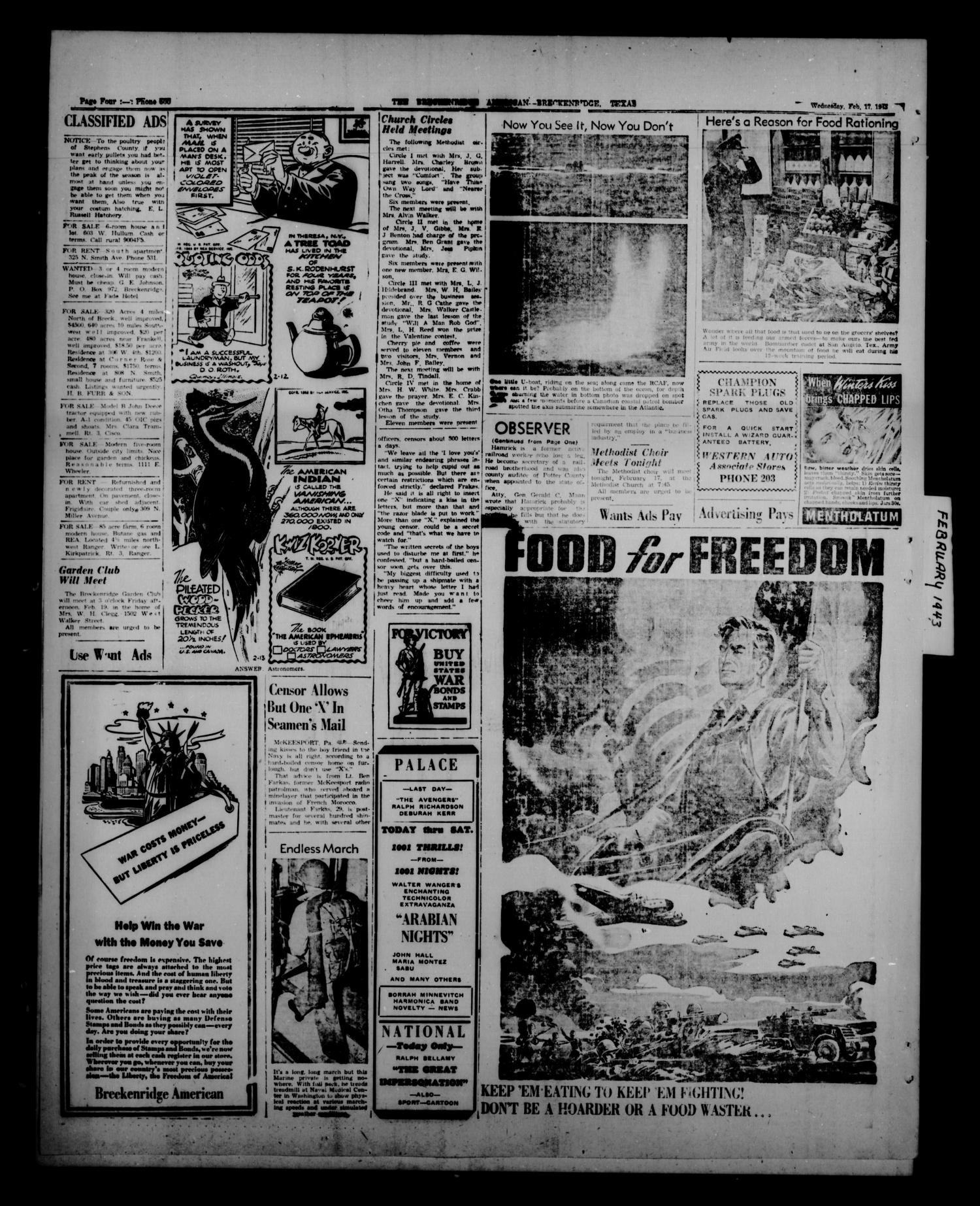 Breckenridge American (Breckenridge, Tex.), Vol. 22, No. 232, Ed. 1 Wednesday, February 17, 1943
                                                
                                                    [Sequence #]: 4 of 4
                                                