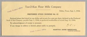 [Preferred Stock Dividend No. 61 for Tex-O-Kan Flour Mills Company, September 1, 1944]