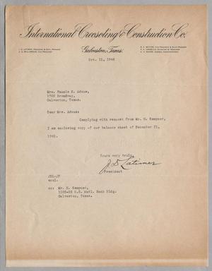 [Letter from J. D. Latimer to Fannie K. Adoue, October 11, 1946]