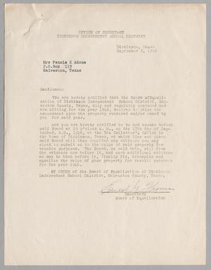 [Letter from Ernest G. Ho[mer] to Fannie K. Adoue, September 3, 1946]