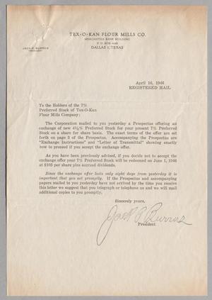 [Letter from Jack P. Burrus to Tex-O-Can Flour Mills Stockholders, April 16, 1946]