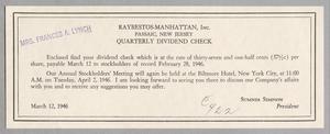 Primary view of object titled '[Quarterly Dividend check for Raybestos-Manhattan, Inc. from March 12, 1946]'.