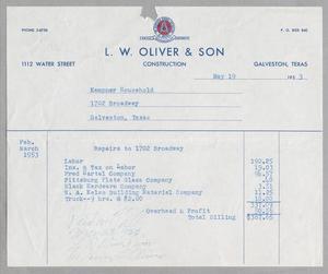 [Invoice for Repairs to 1702 Broadway, May 1953]