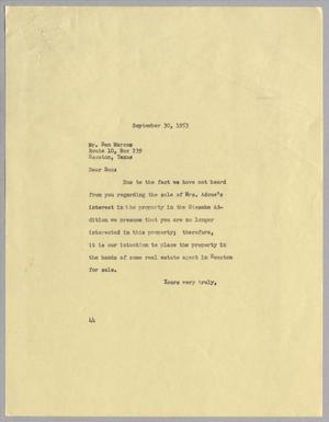 [Letter from A. H. Blackshear, Jr. to Ben Marcus, September 30, 1953]