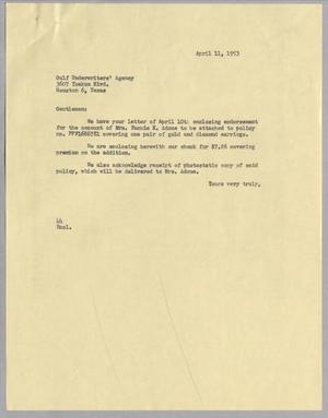 [Letter from A. H. Blackshear, Jr. to Gulf Underwriters' Agency, April 11, 1953]