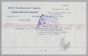 [Invoice for Insurance for Mrs. Fannie Kempner Adoue, April 1953]