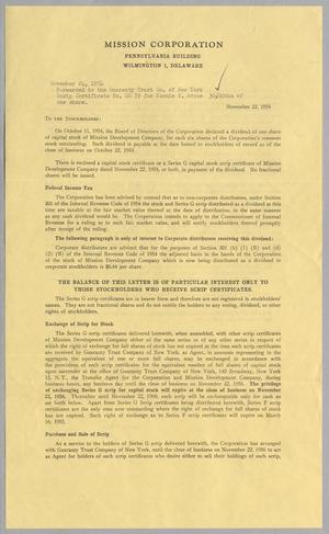 Primary view of object titled '[Letter from Charles F. Krug to Stockholders, November 22, 1954]'.