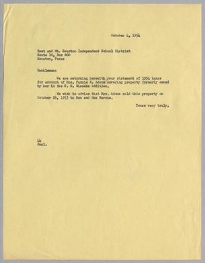 [Letter from from A. H. Blackshear, Jr., to East and Mt. Houston Independent School District, October 4, 1954]