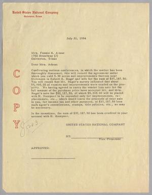 [Letter from United States National Company to Fannie K. Adoue, July 21, 1954]