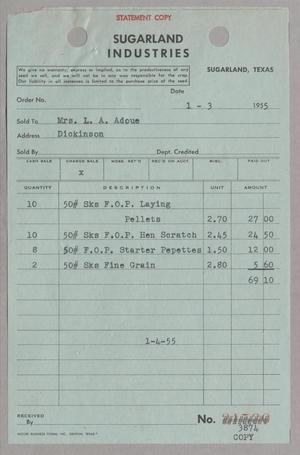 [Invoice for Laying Pellets, Hen Scratch, Starter Pepettes and Fine Grain, January 1955]