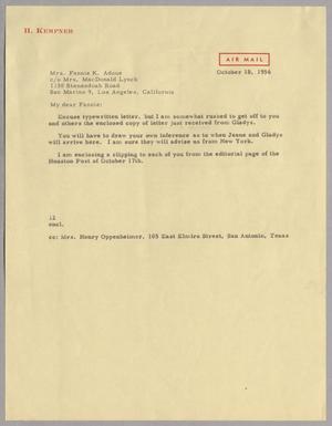 [Letter from I. H. Kempner to Fannie K. Adoue, October 18, 1956]