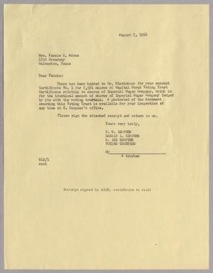 [Letter from D. W. Kempner, Harris L. Kempner, and R. Lee Kempner to Fannie K. Adoue, August 7, 1956]