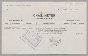 [Invoice for Insurance for Mrs. Fannie K. Adoue, June 1956]