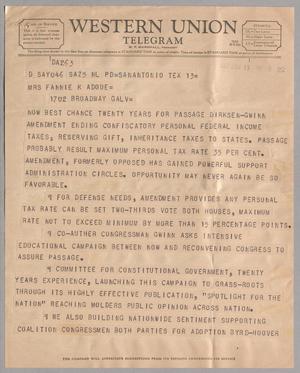 [Telegram from E. A. Rumley to Fannie K. Adoue, November 13, 1957]