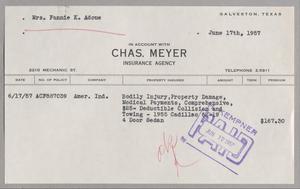 [Invoice for Insurance for Mrs. Fannie K. Adoue, June 1957]