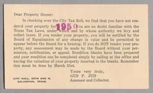 [Property Tax Notice from Gus F. Jud to Fannie K. Adoue, March 1959]