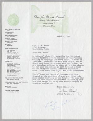 [Letter from Arthur M. Alpert to Mrs. L. A. Adoue, March 1, 1962]