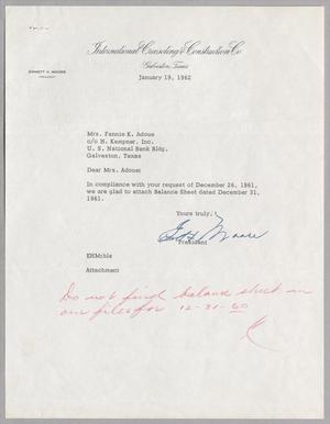 [Letter from E. H. Moore to Fannie K. Adoue, January 19, 1962]