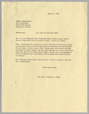 Primary view of object titled '[Letter to The Travelers Claim Department, July 21, 1964]'.