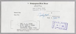 [Invoice from Congregation B'nai Israel to Fannie K. Adoue, July 1, 1965]