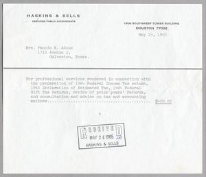 [Invoice for Professional Services Rendered to Mrs. Fannie K. Adoue, May 1965]