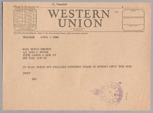 [Telegram from I. H. Kempner to Cecile Kempner, April 1, 1946]