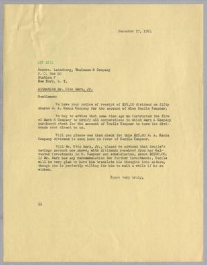 Primary view of object titled '[Letter from I. H. Kempner to Ladenburg, Thalmann & Company, December 27, 1954]'.