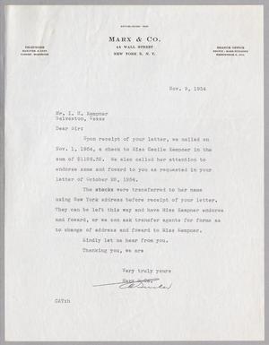 [Letter from Marx & Co. to I. H. Kempner, November 9, 1954]