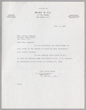 [Letter from Marx & Co. to Cecile Kempner, November 1, 1954]