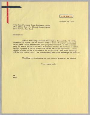 [Letter from A. H. Blackshear, Jr. to City Bank Farmers Trust Company, October 22, 1955]
